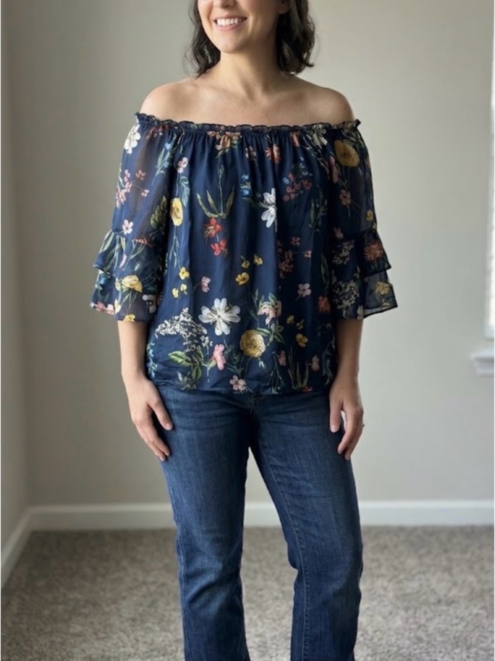 On or Off-Shoulder Navy Floral Blouse - Women's Top made in Italy